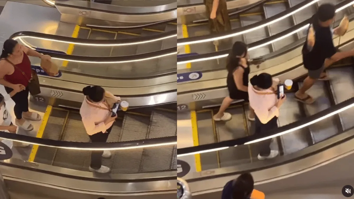 woman-busy-on-phone-fails-to-realise-escalator-stopped-internet-questions-her-situational-awareness-viral-video